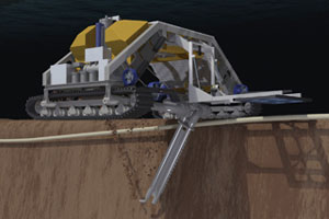 Animation of an ROV using jetting to connect a cable for an offshore windfarm.